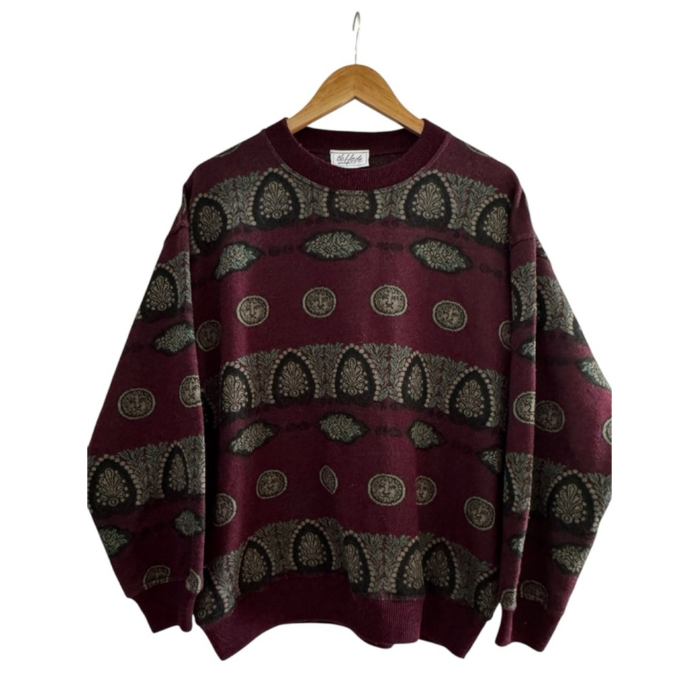 Vintage Italian Wool Blend Grandpa Sweater Burgundy Baroque Medallion Knit
